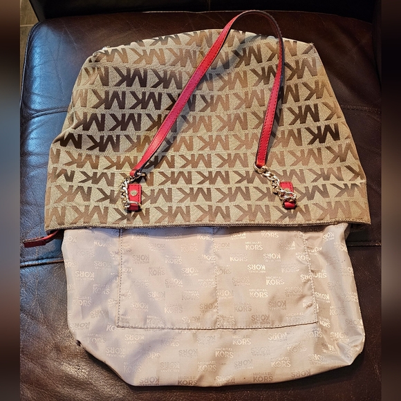 Michael Kors Monogrammed Shoulder Handbag with Red Leather accents EUC - Picture 7 of 16